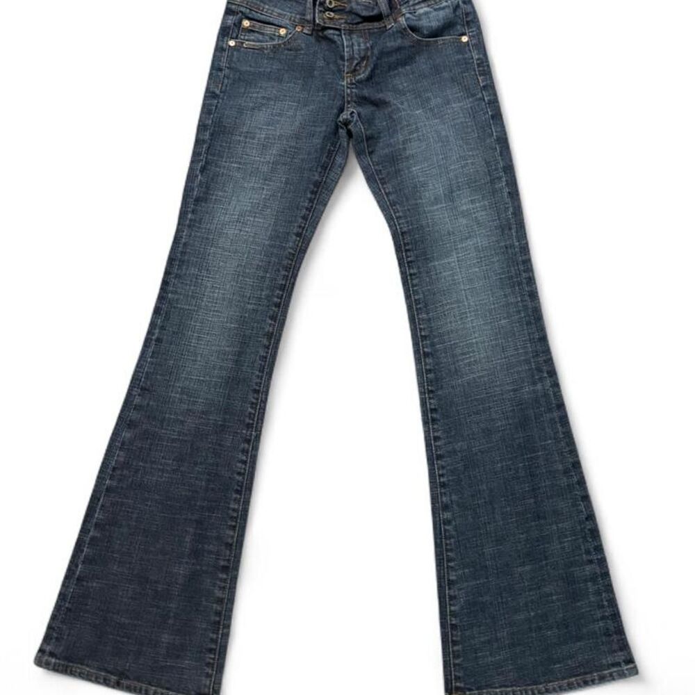 VTG 90s Y2K Q-Gene Jeans Co Low Rise Flare Bootcut Denim Distressed Blue Sz 25